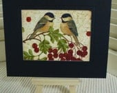 Two Chickadees, Nature Art, Bird Art, Beeswax Encaustic Collage, Original Mixed Media Miniature Art