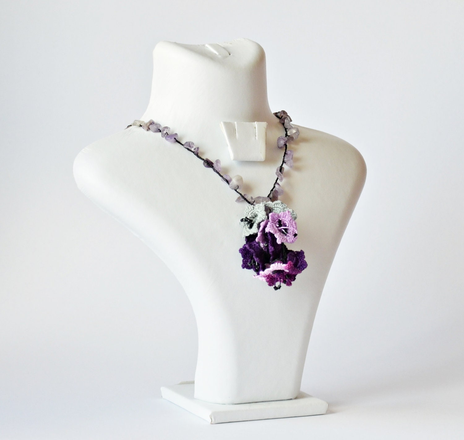 Handmade Purple Lavender Gray Amethyst Natural Stone Flowers Crochet Necklace, Beadwork - ReddApple