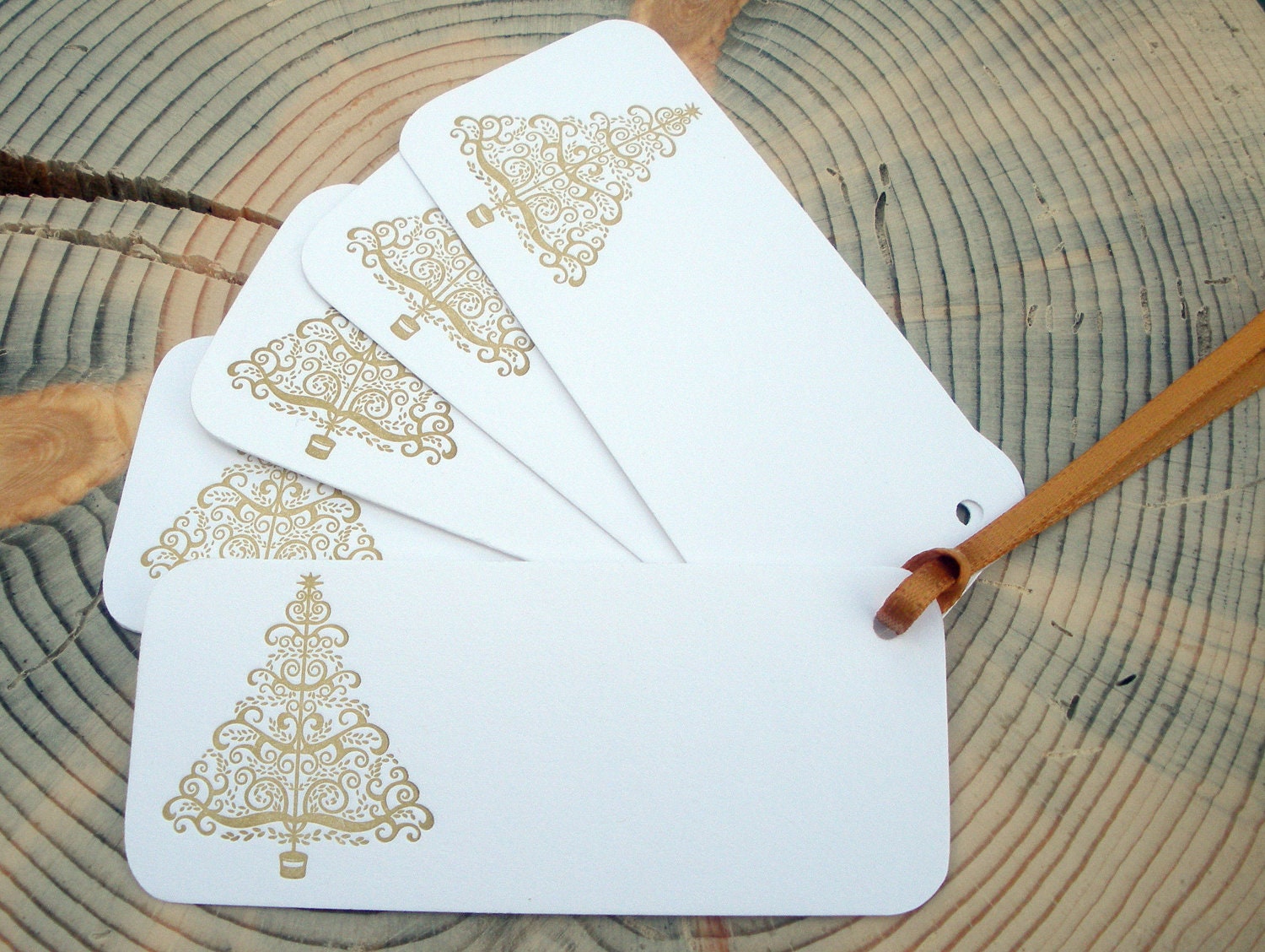 Letterpress christmas tree gift tags, holiday tag, christmas, vintage christmas, set of 10, gold