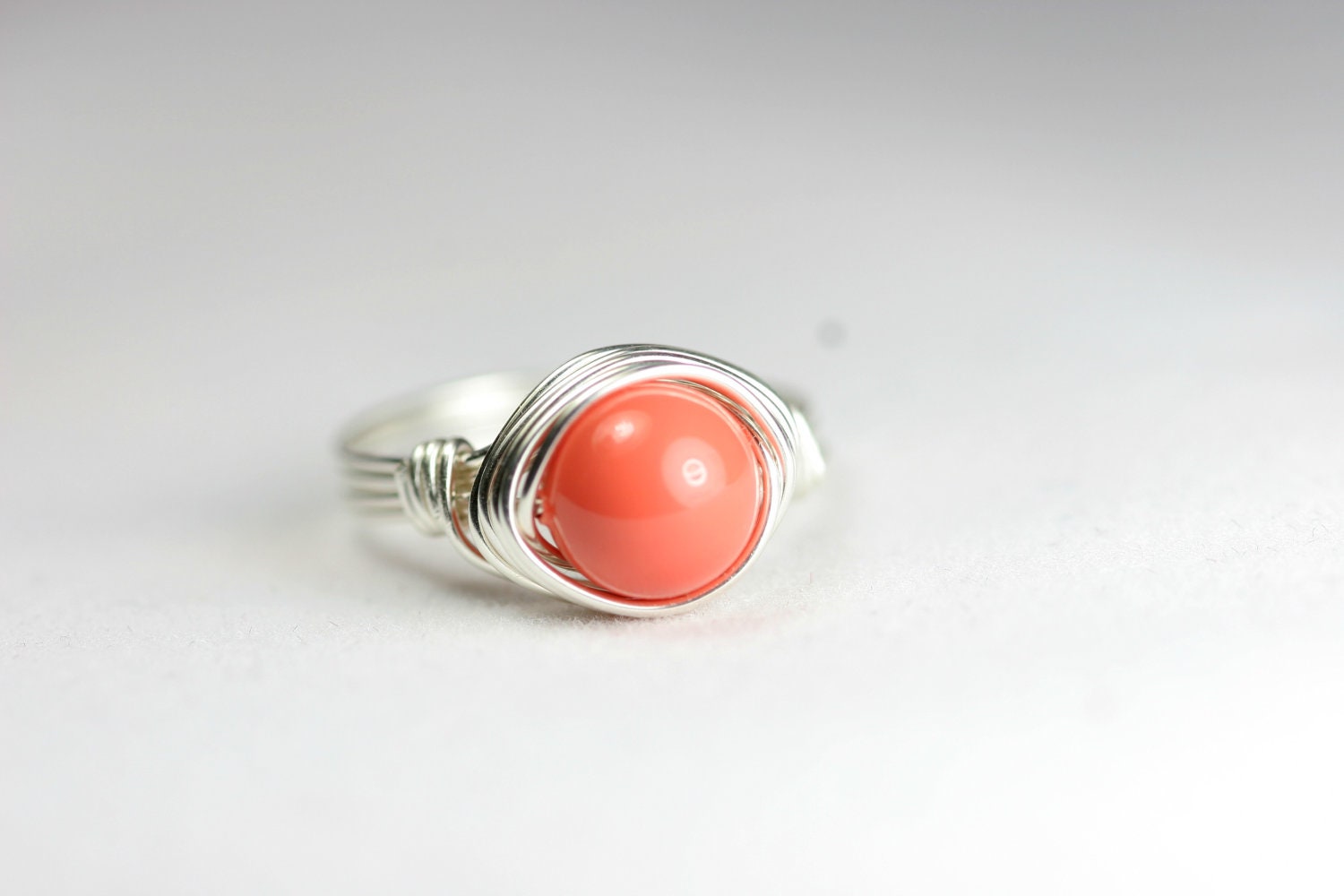 Coral Ring Wire Wrapped Jewelry Handmade Sterling Silver Jewelry Handmade Swarovski Pearl Ring Orange Ring Sterling Silver Ring