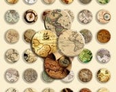 Instant Download - 48 Circle Shape - Digital Collage -  JPG and PNG format - Antique maps & compass - 1 inch - 25 mm