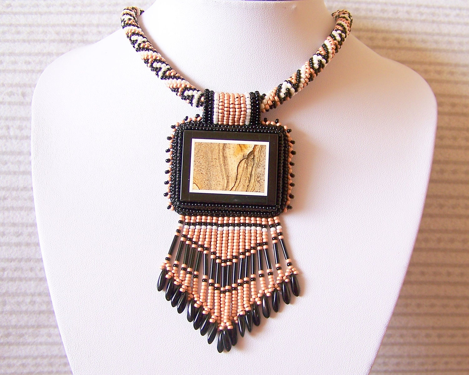 Statement Beadwork Bead Embroidery Pendant Necklace with Owyhee Picture Jasper Intarsia - DESERT PICTURE - brown - black - white