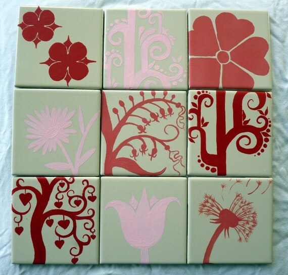 Set of Nine (9) Hand-Painted Floral Ceramic Tiles in Reds and Pinks