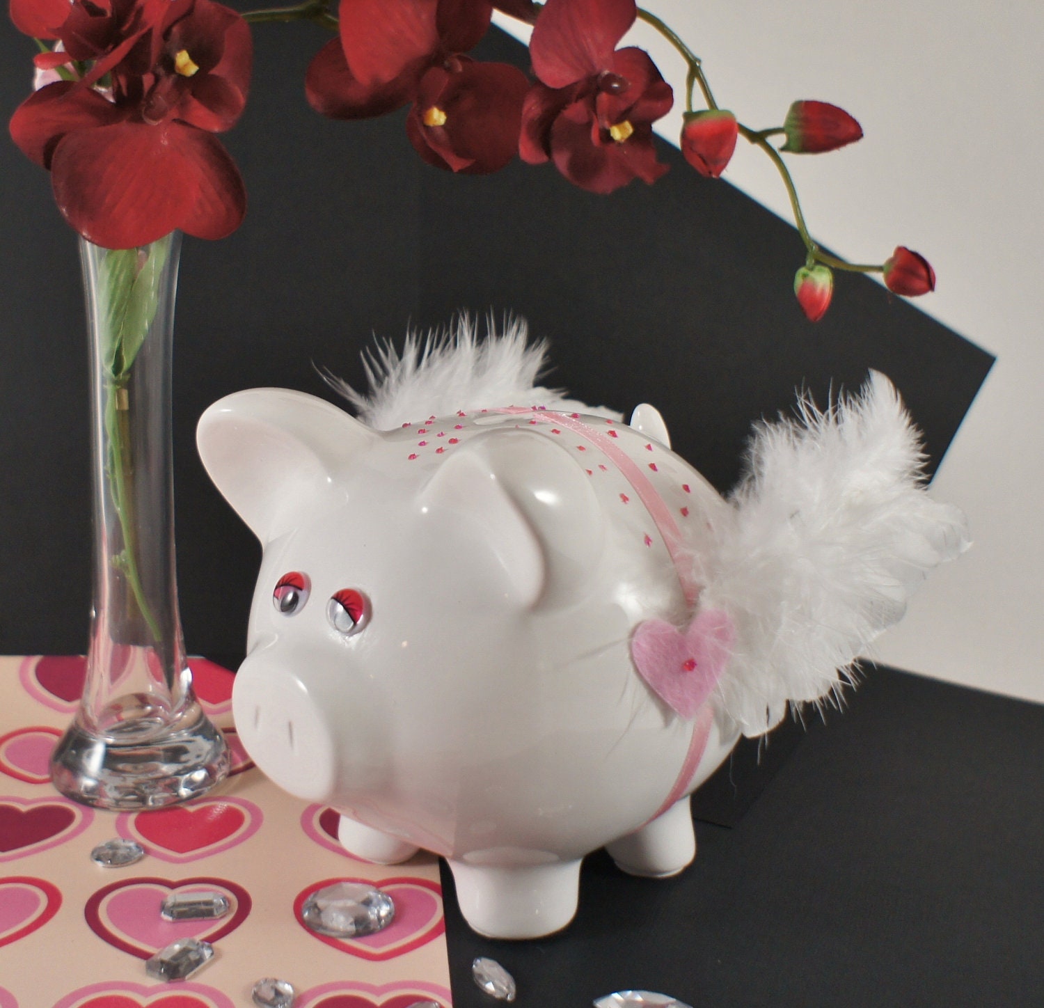 Money Box / Piggy Bank / White Money Bank with White Feather Wings and Pink satin Ribbon By N-Chanted Clocks