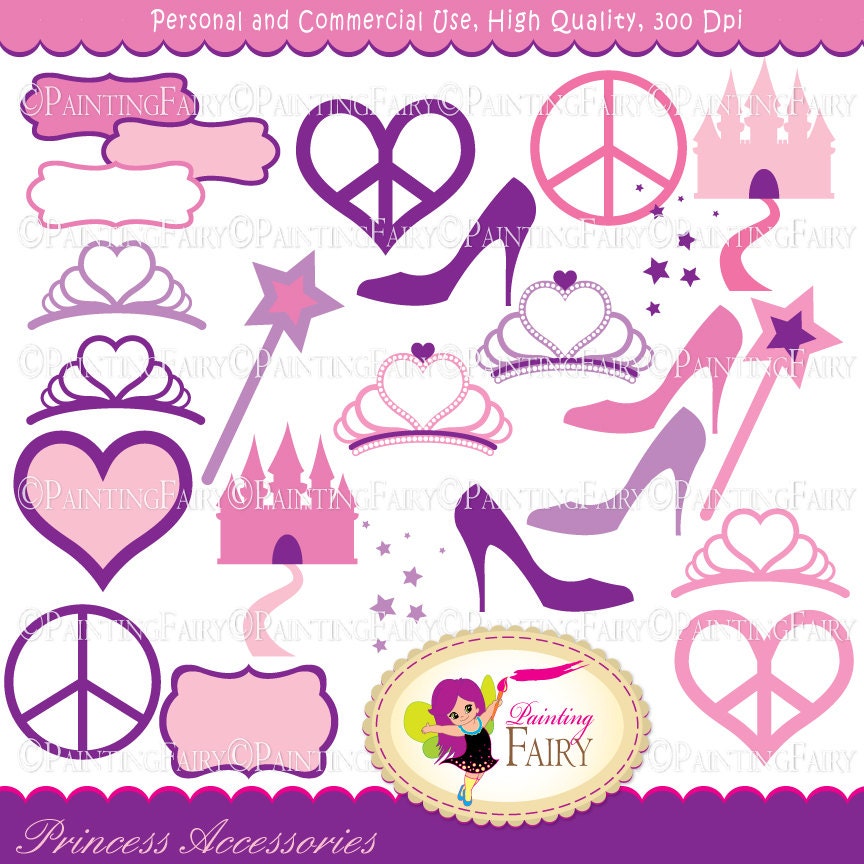 Princess Accessories Clipart Tiara Castle Peace Love Heart Glass Slipper Magic wand Fancy label Clip art Pink Black Digital images pf00035-6