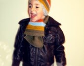 Hat and scarf hand knit striped orange mustard grey brown