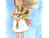 Children's Wall Art Print - Windy Sunflower Girl Illustration - Girl's room decor