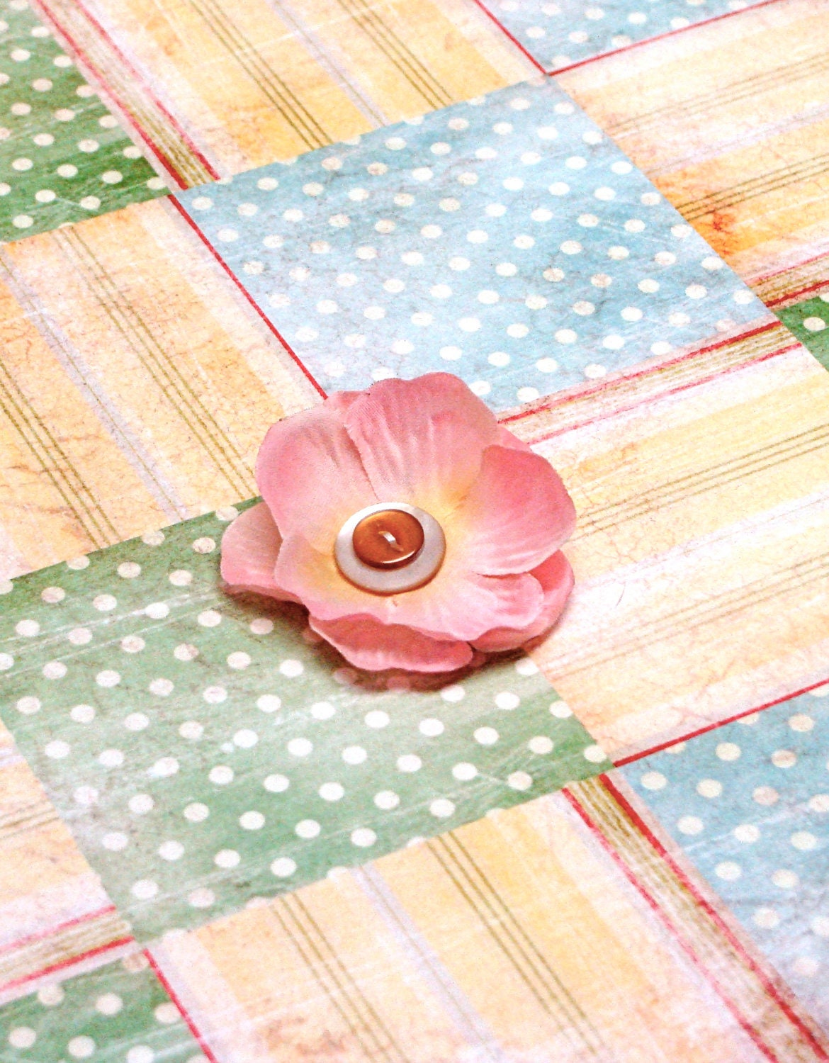 Light Pink Hair Accessory, Flower Hair Fascinator, Vintage Button Flower, Small Clip On Hair Accessory, Pink Yellow - "Cupcake Kisses"