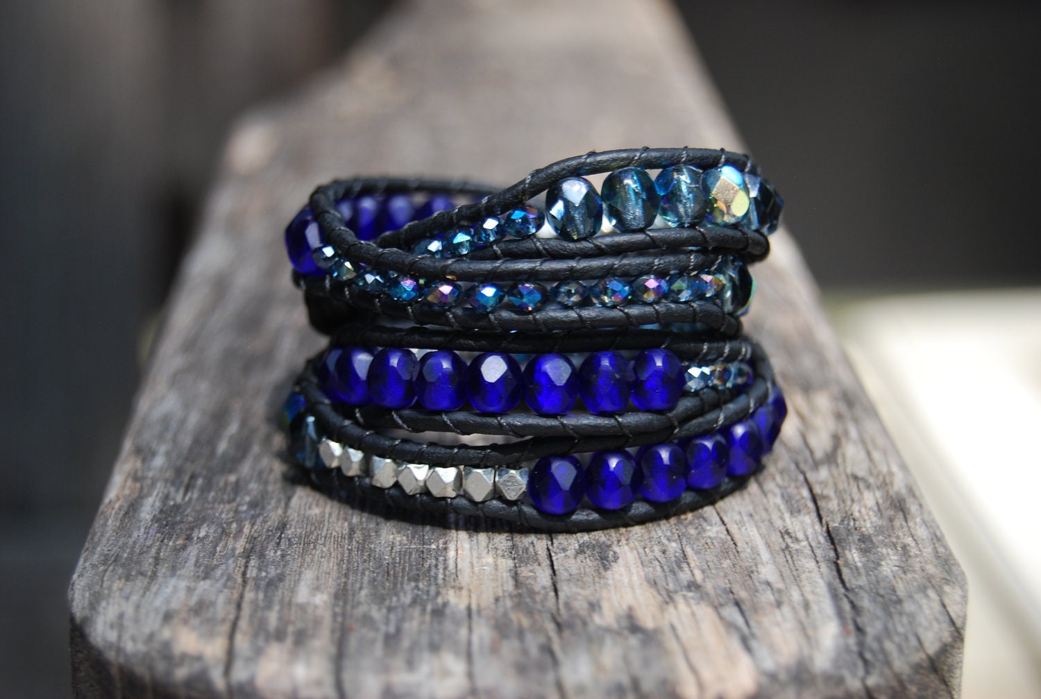 Wrapped Leather Bracelet with Blue, Turquoise & Silver Beads and Vintage Button - Stackable, Headband, Boho, Faceted Glass Crystals