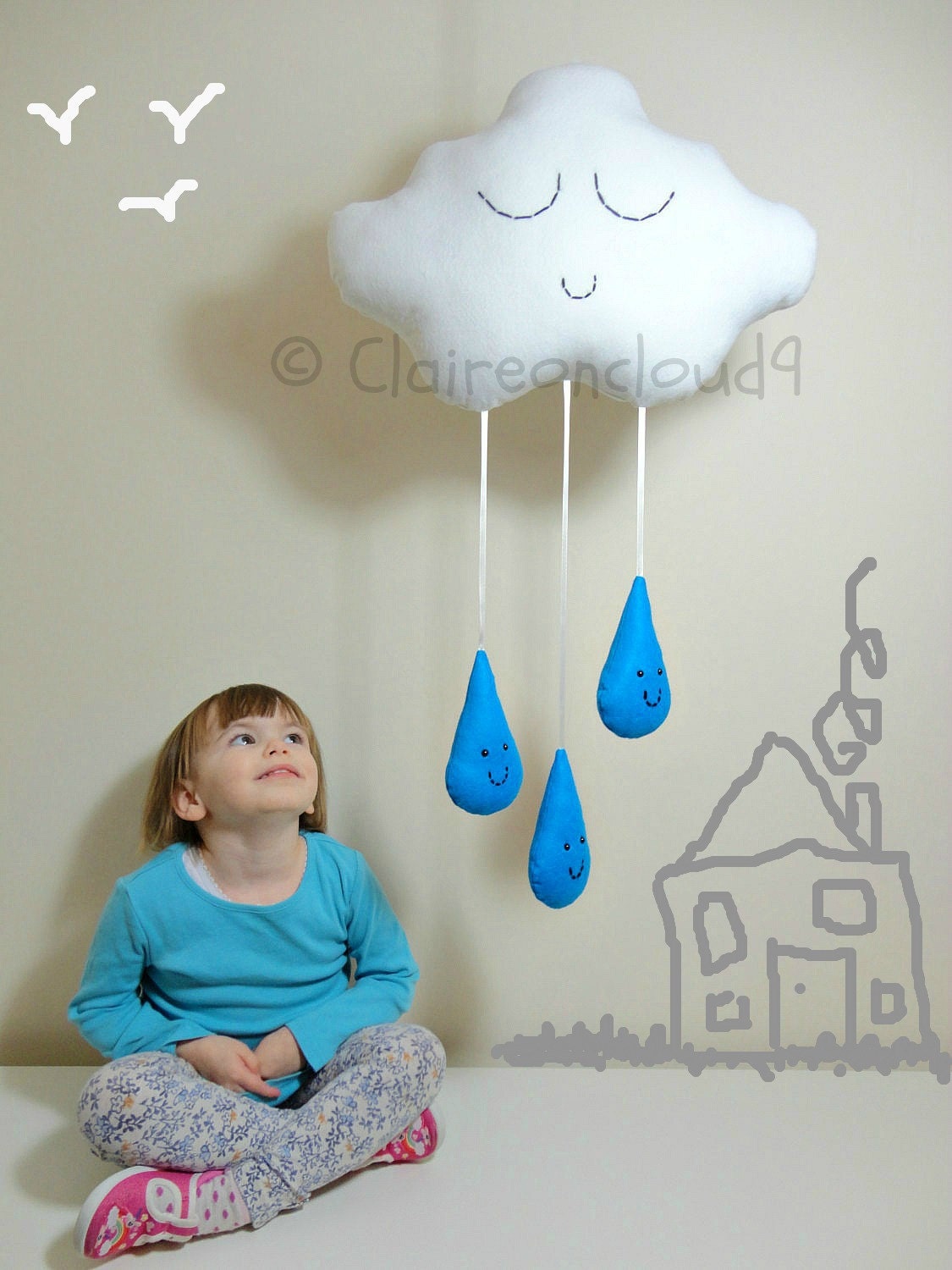 CLOUD & RAINDROPS MOBILE White Cloud with Turquoise / Bright Blue Raindrops - baby shower Baby Nursery Kids Bedroom Home Decoration