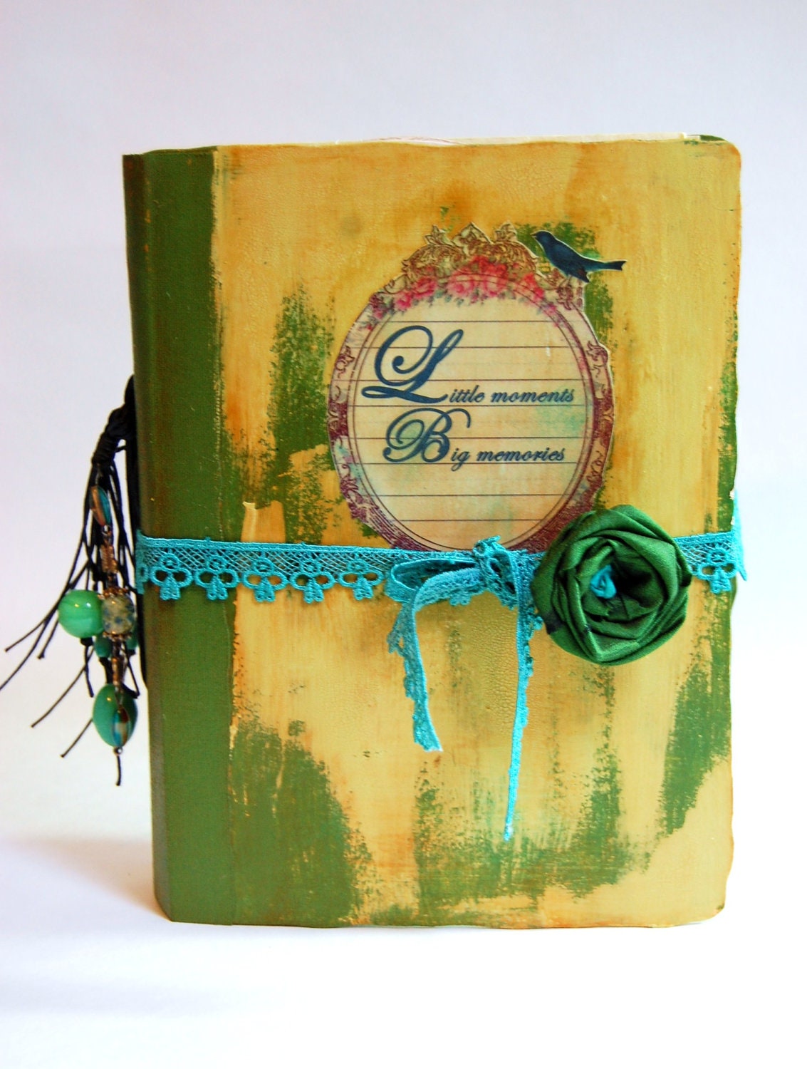 Hand bound Shabby Chic Photo Album Memory Book Handmade Corsage Rustic Photobook Green and yellow peeling paint