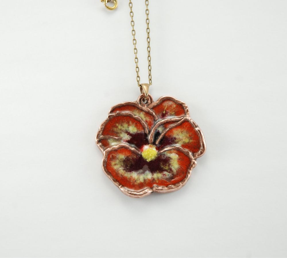 Pansy bronze pendant with enamel finish - wild flower in orange, yellow and brown. - WingsAndStings
