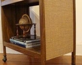 Vintage Rolling Cart Retro Bar Cart Bookcase Faux Wood Entryway 2 tiered CatchAll Mid Century Caster Wheels