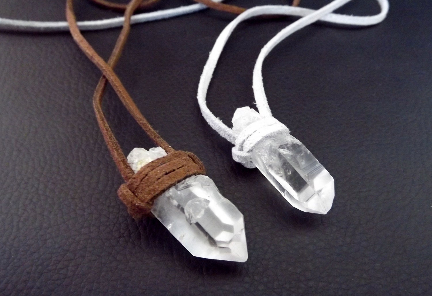 Quartz crystal necklace, unisex necklace, boho necklace, hippie necklace, faux suede, gypsy necklace