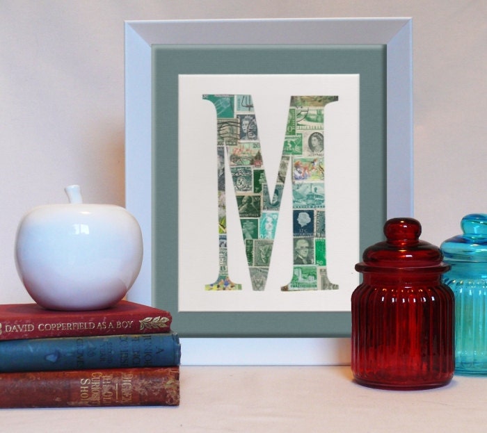 Your baby's initial in Vintage  postage stamps (ALL letters available) personalized art, nursery decor - MaxandMeDesigns