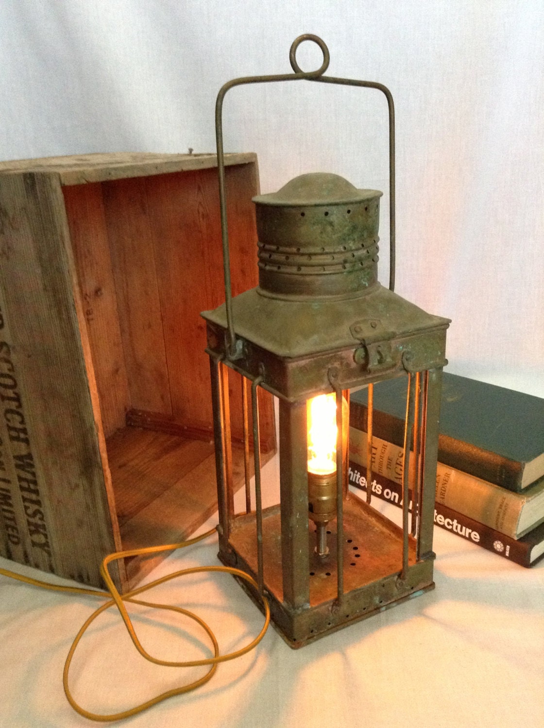 Vintage Nautical Brass Lantern Lamp Industrial Upcycled Reclaimed Recycled Lighting Beach Cottage Minimalist Metal