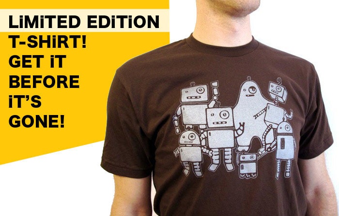 Robot Family Reunion - Unisex/ Mens and Ladies Silver and Brown Tshirt