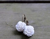 White Rose Earrings - Bridesmaid Gift - Wedding Jewelry - Antique Bronze - Flower Earrings - Gifts Under 25