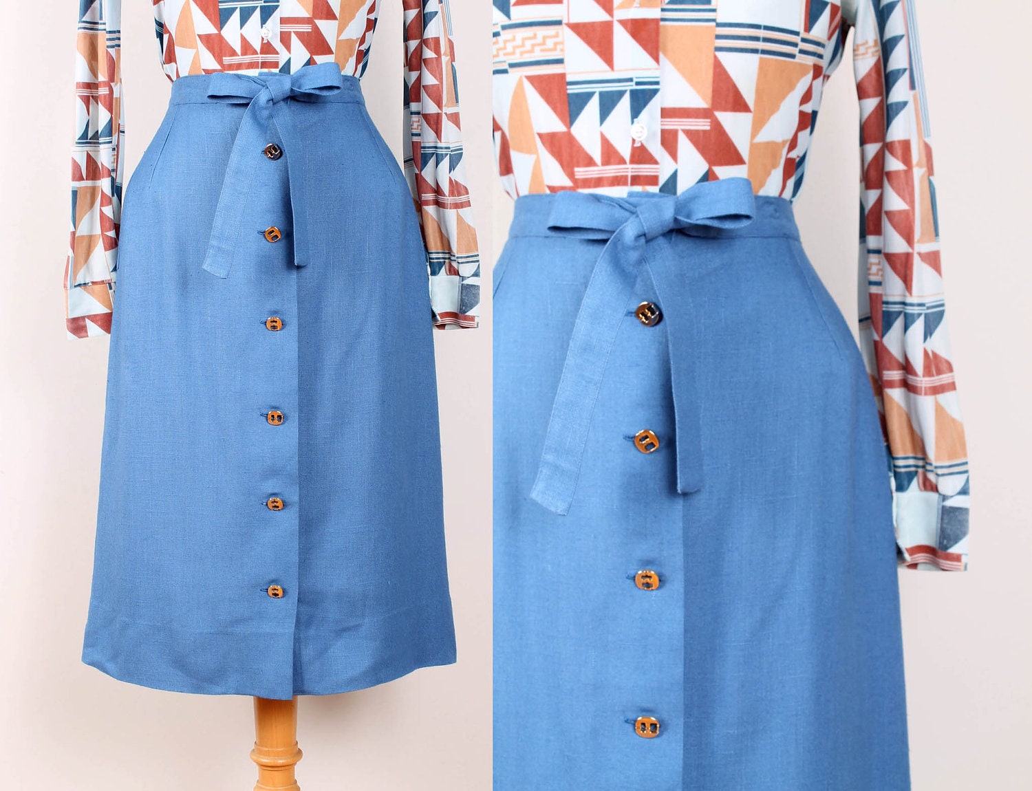 1970s Salvatore Ferragamo Skirt - Womens XS - Button Up Belted Cornflower Blue Woven 70s Knee Length Skirt Italian Rayon Viscose