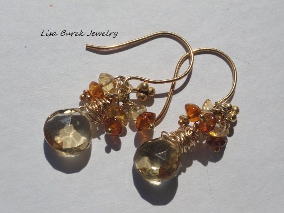 Gold Dangle Earrings Whiskey Quartz Briolettes and Citrine