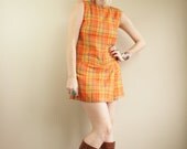 60s Orange & Purple Plaid Mod Romper Shorts Mini Dress