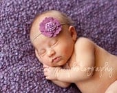 Sugar Plum Baby Wool Felt Flower Headband - Purple Beaded Flower - Skinny Elastic Flower Headband or Hair Clip