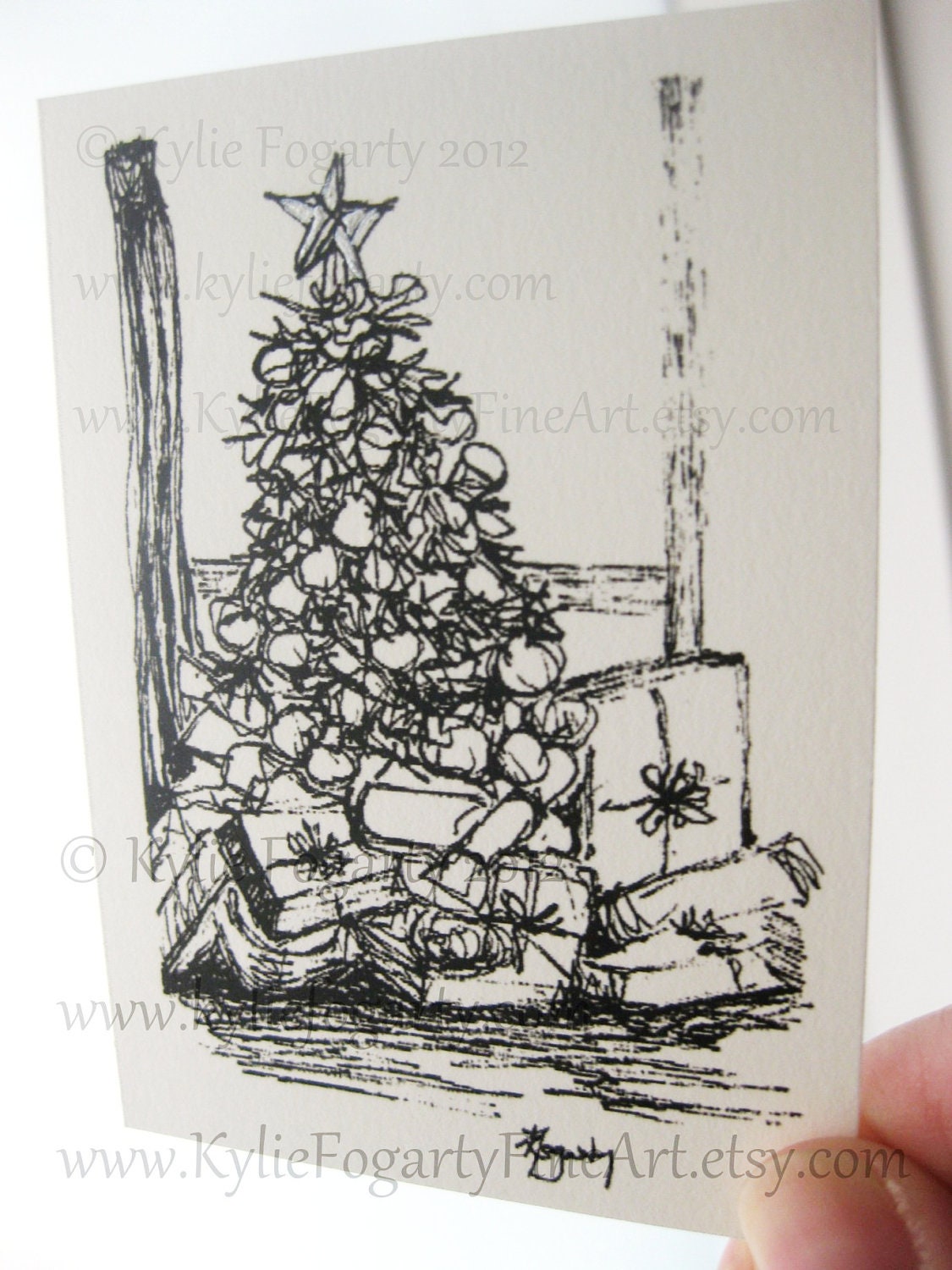 ACEO - Silver Star, Teachers Gift, Black and White Christmas Tree with Silver Star - ACEO  -  Fine Art Print with Handpainted Star