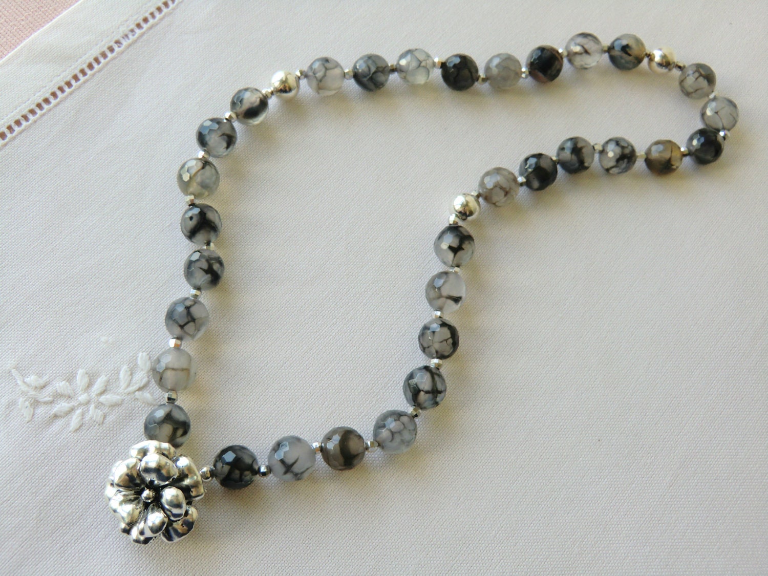 Black Fire Agate Necklace Sterling Silver Necklace Gemstone Necklace with Big Sterling Silver Flower Clasp & Beads, Elegant Flower Necklace
