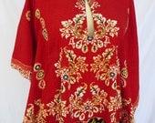 Vintage Thai Cotton Batik Caftan Top in Red Ethnic Tribal Floral Print