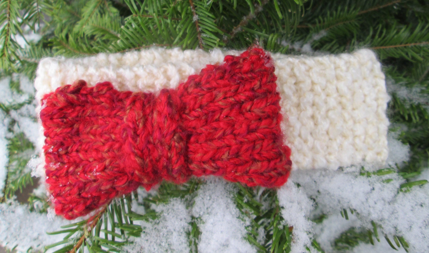 Hand Knit Cream Headband with Bright Red Bow