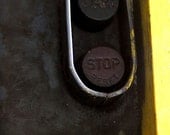 Rustic Macro Photography Print of Machinery, Industrial Style Start and Stop Button, Men at Work Fine Print Photo