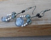Wire Wrapped Earrings -  Copper Wire - Dark Blue Black and Silver Bead Earrings - Handmade Jewelry