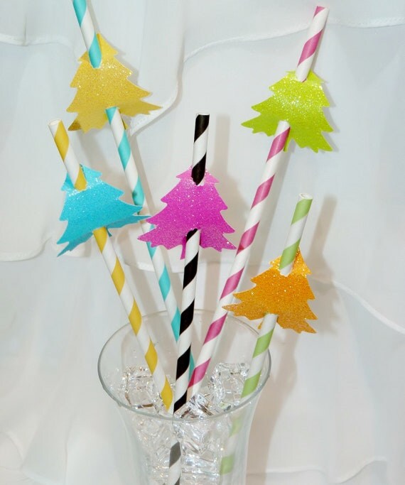 20 KitScH BLING GLiTTeR TreeS pArTy Straw TAGS to Garnish Your Paper Straws- assorted BRIghT GliTTerY BLING Tree CutOuts Il_570xn