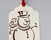Set of 12 Holiday Gift Tags, Hand Stamped Snowman Tags, Christmas Gift Tags, Festive, Cute Snowman, Snowman Tags, Winter, Snow, Brown White