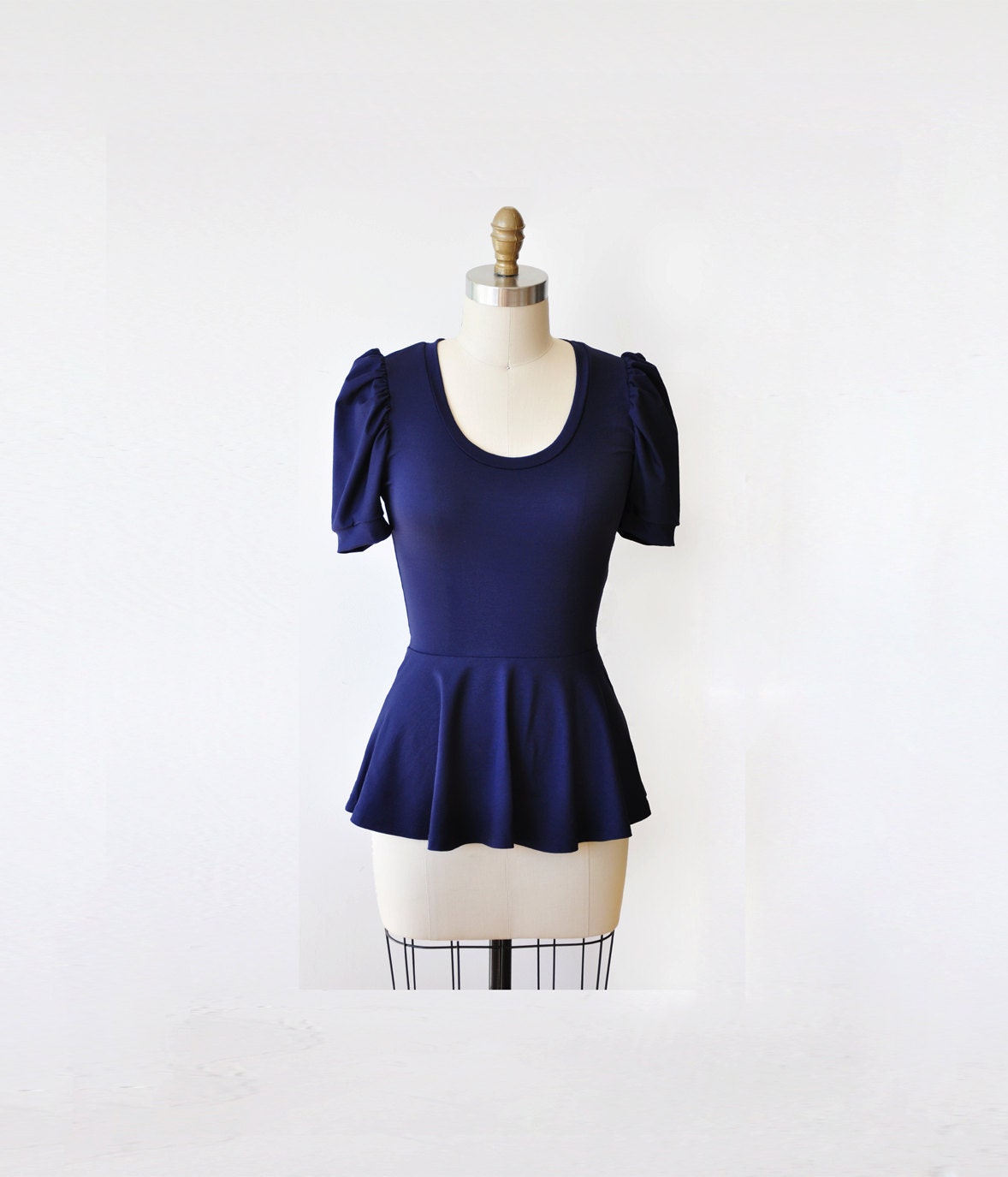 Navy Blue Peplum Blouse, Womens Top