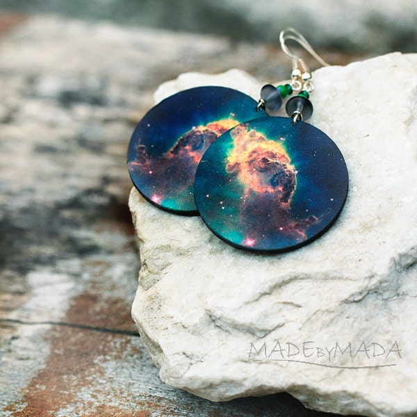 Galaxy Earrings Nebula Space Dangle Round Jewelry, diameter 4cm (1,57 inch) , gift for her under 25