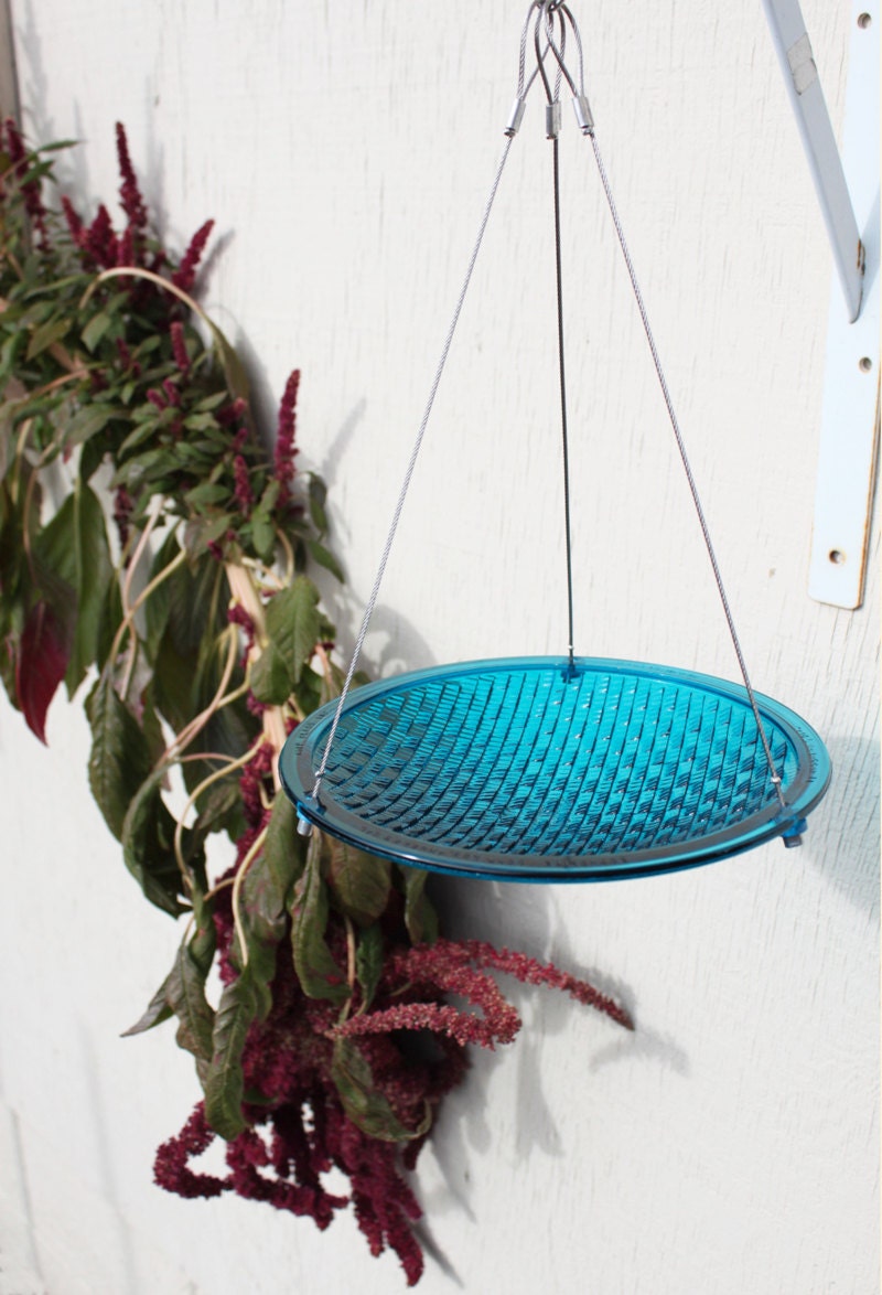 8" blue glass handmade bird feeder eco friendly used upcycled traffic light lens hanging style birdfeeder or bird bath