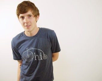 Ohio Bike Mens Tshirt, Screenprinted Tshirt, Heather Blue, Vintage Bike
