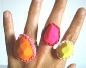 Teardrop Geometric Ring in Orange with Pink Crochet Bezel by Even Howard. Adjustable wide band easily fits 7-10. Chunky Cocktail ring.