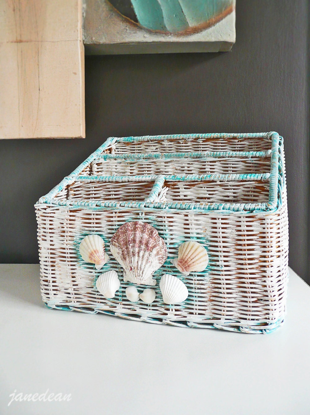 CLEARANCE - Beachy Shell Desk Set - 3 hand painted wicker organizers