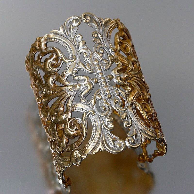 Wide Cuff Patina Cuff, ART NOUVEAU Filigree Cuff - Mixed Metals - Extra Wide Filigree Bracelet