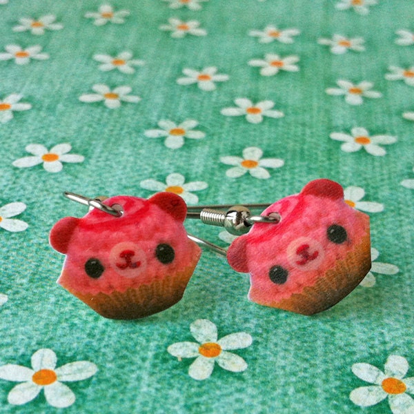 Amigurumi Kingdom Pink Swirl Cupcake Bear Dangle Earrings