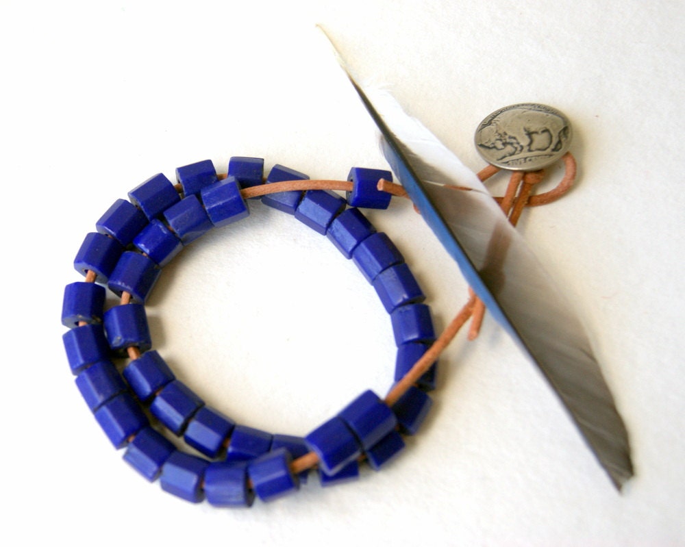 25% OFF Russian Blue Trade Bead Necklace,  vintage glass beads, natural Greek leather cord, buffalo head nickel button clasp