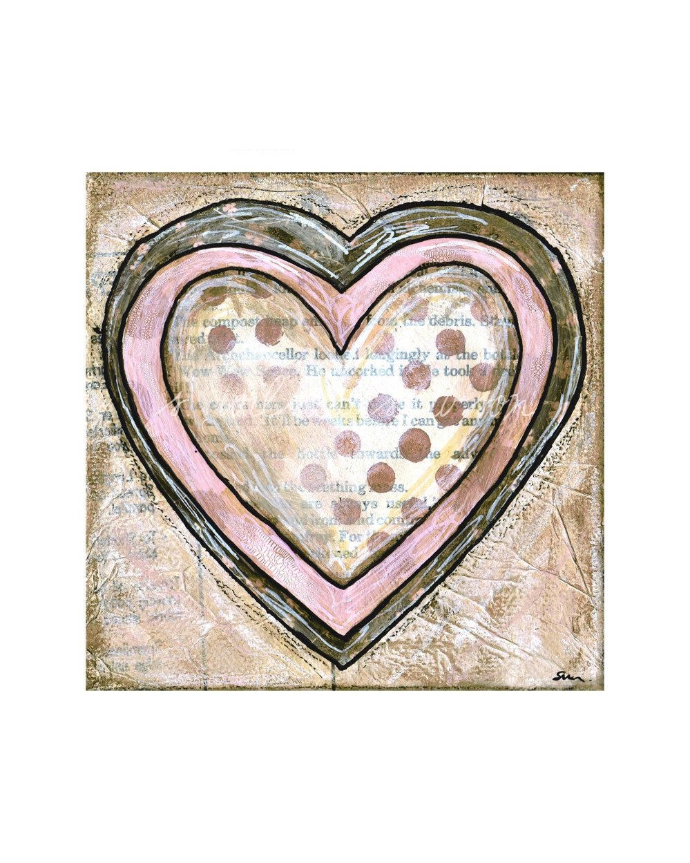 love hearts pink (reproduction print of mixed media painting collage)