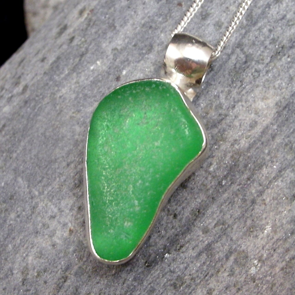 Genuine Kelly Emerald Green Sea Glass Pendant Bezel Set in Sterling Silver