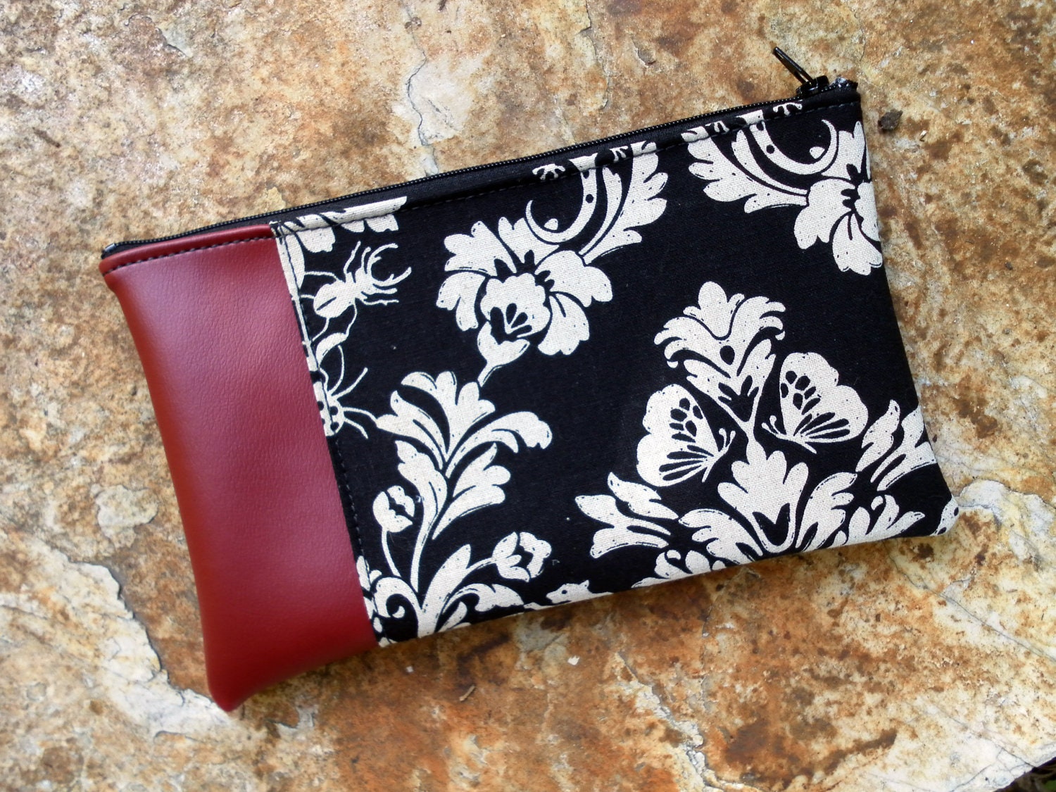 Black Fabric and Burgundy Vinyl Pouch