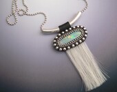 Pendant Necklace with Sterling and Solid Crystal Opal inlaid in Polymer Clay with White Horse Hair Tassel