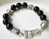 Black Onyx Beaded Bracelet, Magnetic Clasp, Sterling Silver Beaded
