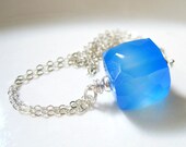 Cobalt Blue Chalcedony Cube Necklace, Semi Precious Stone, Sterling Silver Wire Wrapped, Pantone Inspired