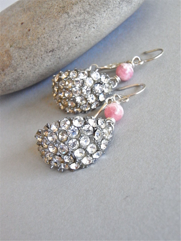 Earrings - sterling silver, vintage pave crystal, rhinestone, upcycled, rhodonite - Daisy Buchanan